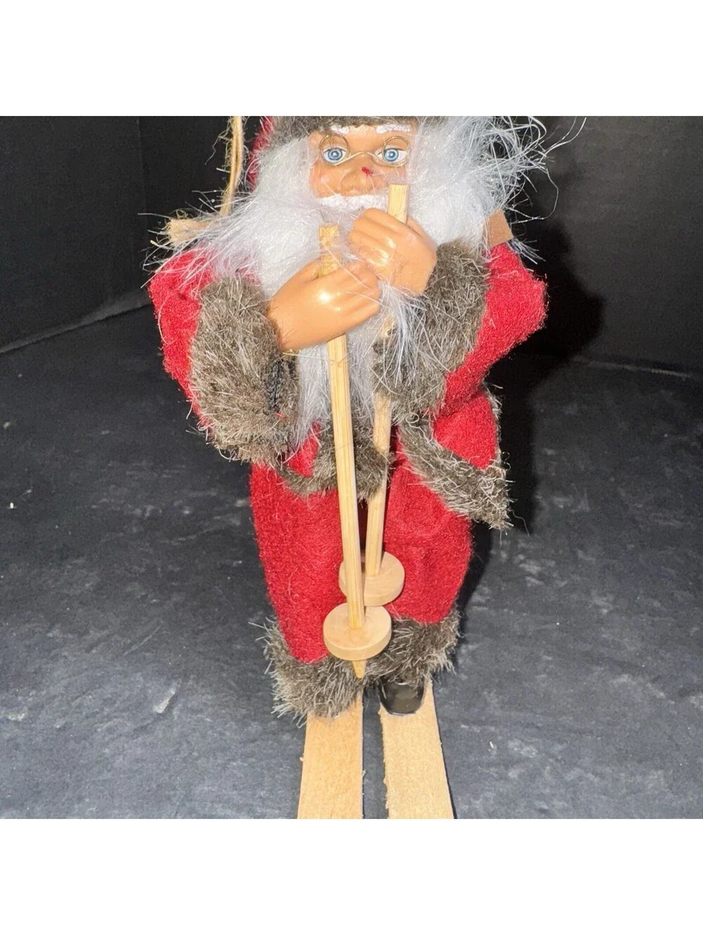 Vtg Santa Claus Skiing Figurine 7” Wooden Skis & Poles Faux Fur Trim Christmas